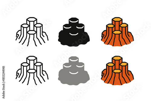 Hexagonal Basalt Columns. Hexagonal basalt columns forming a volcanic rock flow, minimal vector icon, first in line style with