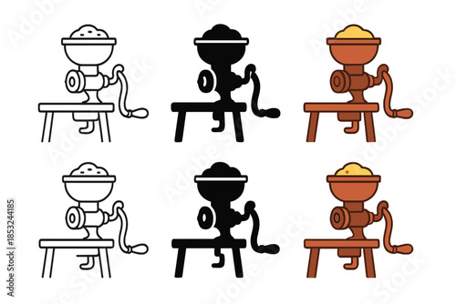 Stylized Grain Grinders. Rustic hand-cranked grain grinder on a table, stylized with clean minimal curves to evoke slow