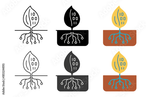 Digital Germination Art. Abstract seed pod containing data patterns, roots branching into memory circuits beneath soil-like
