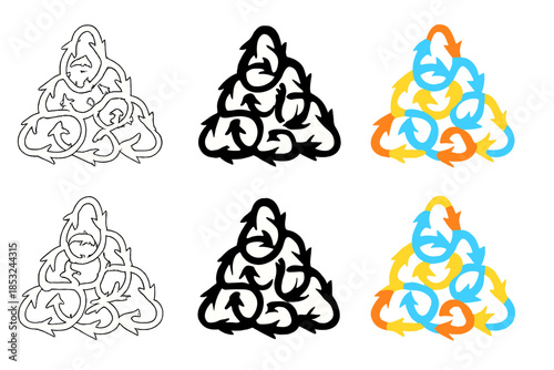 Atomic Spin Patterns. Interlaced lattice of atomic spins arranged in triangular pattern, arrows forming dynamic loops to represent