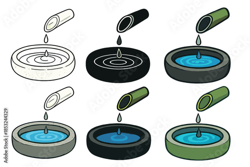 Bamboo and Water Ripples. Close-up of bamboo pipe dripping into stone basin, concentric water ripples radiating outward, peaceful