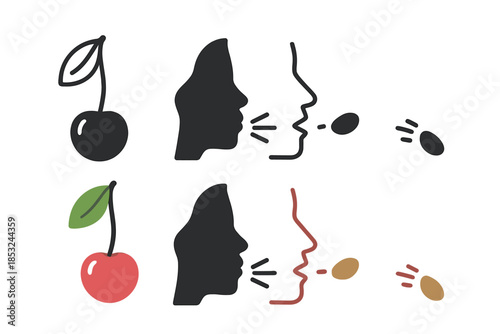 Cherry Spitting Sequence. Cherry stem, fruit, and pit arranged in a sequence showing the act of spitting, stylized narrative flow