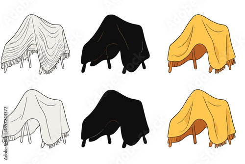 Cozy Blanket Fort. Cozy blanket fort built from wool throws draped over chairs, soft folds and shadows creating calm shelter shape