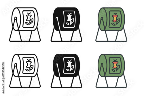 Compost Tumbler Icons. Compost tumbler barrel with organic waste icons including apple core and leaves, balanced environmental