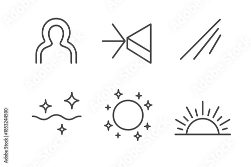 Light Studies Icons. Line style icons of Light Studies — silhouettes, glows, reflections, and gentle rays in motion: glowing