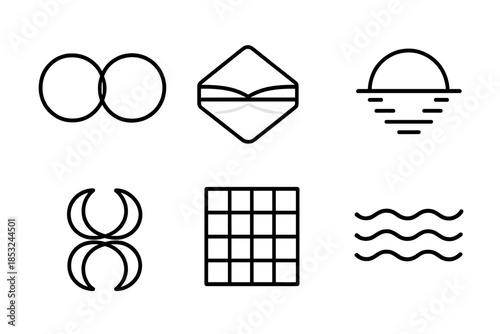 Reflected Worlds Icons. Line style icons of Reflected Worlds: twin spheres, folded horizon, water mirror, symmetry grid, dual moon