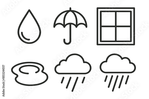 Rainy Sadness Icons. Line style icons of Rainy Sadness: droplet, umbrella, puddle reflection, closed window, grey cloud, falling