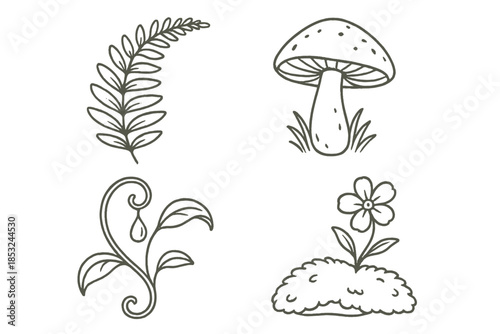 Secret Garden Icons. Line style icons of Secret Garden — rare plants, mushrooms, dew, moss with soft organic lines: fern curve,