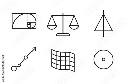 Composition Flow Icons. Line style icons of Composition Flow: golden ratio spiral, balance scale, symmetry axis, visual path,