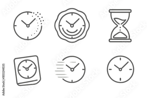 Time and Memory Icons. Line style icons of Memory Time: fading tick, hour ripple, sand trace, bent frame, blurred mark, silent