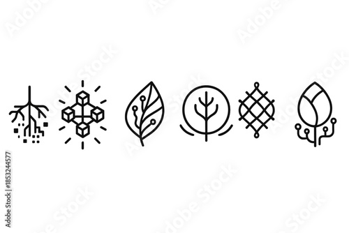 Bio-Digital Icons. Line style icons of Bio-Digital Flow: pixelated root structure, glowing neural block, data leaf unfolding,