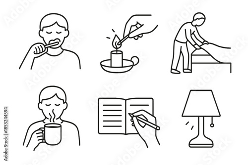 Serene Routine Icons. Line style icons of Serene Routine: brushing teeth, lighting candle, making bed, sipping coffee, journaling