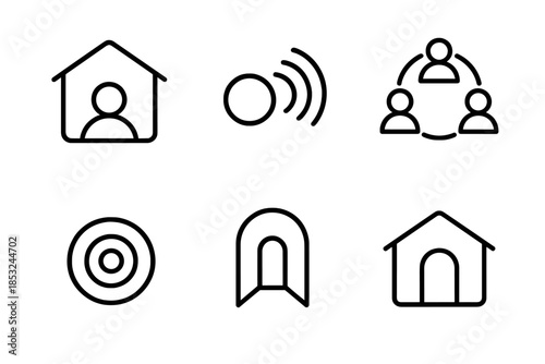 Clubhouse Icon Set. Line vector icons of spoken-voice clubhouse: roof arc, speaker dot, layered wave, gathering symbol, vocal ring