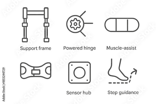 Wearable Exoskeleton Icons. Line vector icons of wearable rehab assist exoskeleton: support frame, powered hinge, muscle-assist