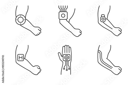 Biomechanical Arm Components. Line vector icons of biomechanical arm enhancement: robotic joint ring, nerve interface,