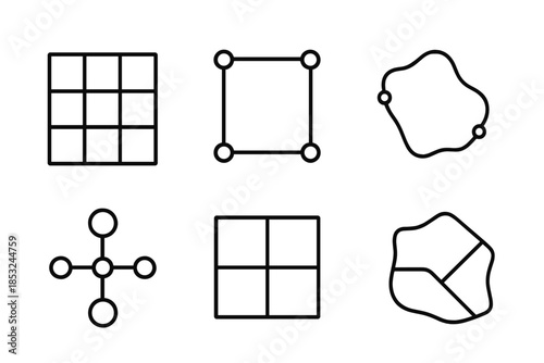 Digital Territory Icons. Line vector icons of online territory grid: digital field, corner markers, boundary contour, coordinate
