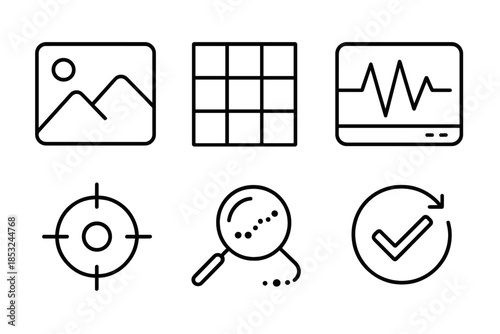 Tampered-Content Detection Icons. Line vector icons of tampered-visual content detector: image outline, grid matrix, signal