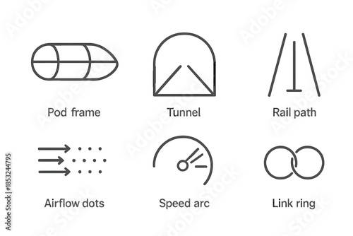 Tunnel Transport Icons. Line vector icons of tunnel-based transport capsule: pod frame, tunnel outline, rail path, airflow dots,
