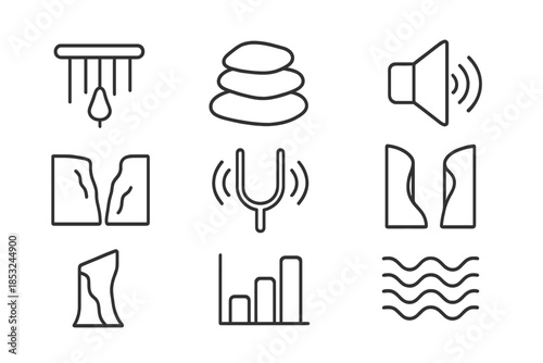 Gorge Sound Icons. Line style icons of gorge sound tools: chime icon, layered rocks, echo signal, curved cliffs, resonance device,