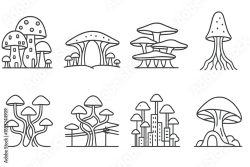 Fungi-Inspired Architectural Icons. Line style icons of bio-architectural fungi: mushroom city, spore bridge, cap layer, tower