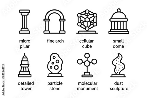 Nano Monument Designs. Line style icons of nano monument designs: micro pillar, fine arch, cellular cube, small dome, detailed