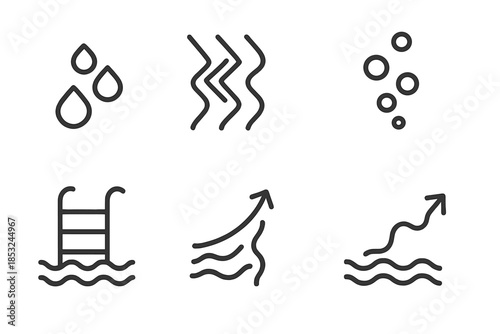 Aquatic Climb Icons. Line style icons of aquatic climb markers: drop steps, flowing arrows, vertical wave, bubble rise, soft