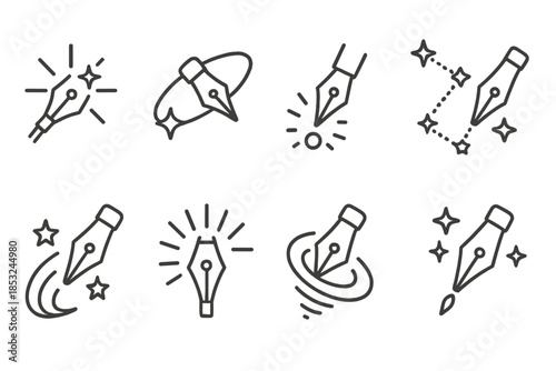 Stellar Pen Icons. Line style icons of stellar pen tools: shining pen, orbit line, glowing dot, constellation stroke, star path,