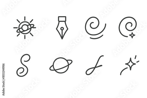 Calligraphic Systems Icons. Line style icons of universal calligraphic systems: radiant orbit, cosmic pen, curved pattern,