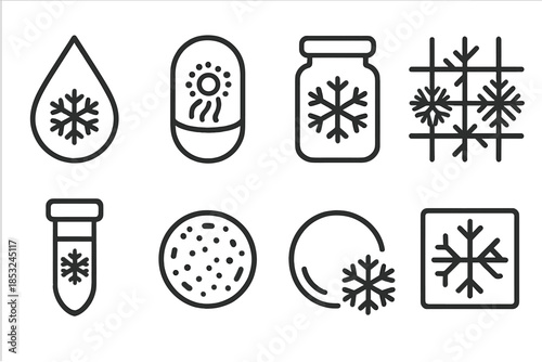 Cryogenic Pollen Preservation Icons. Line style icons of pollen cryo-preservation: frozen droplet, sealed pollen pod, crystalline