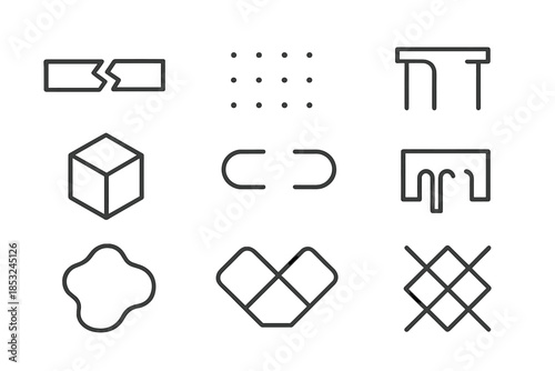Fragmented Spatial Icons. Line style icons of fragmented spatial frameworks: broken beam, dotted grid, hollow outline, incomplete