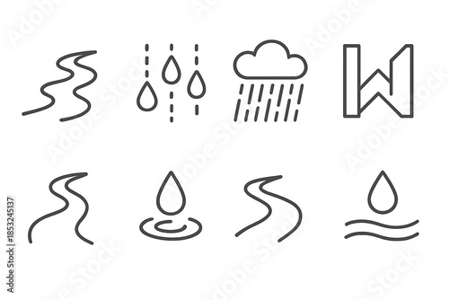 Water-Themed Line Icons. Line style icons of rain-water character systems: flowing mark, rhythmic droplet line, patterned rain