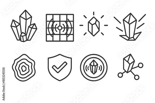 Crystal Exposure Icons. Line style icons of crystal group exposure monitoring: clustered prisms, radiation wave grid, glowing