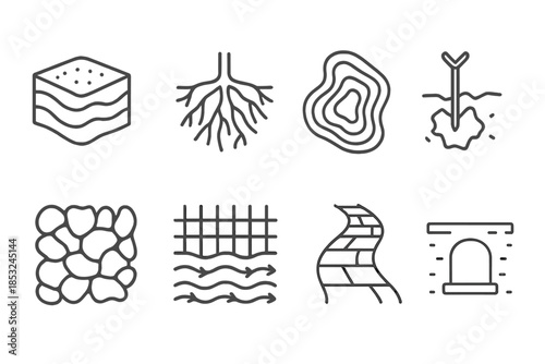 Erosion Control Icons. Line style icons of erosion control underground networks: layered soil map, root system, sediment contour,