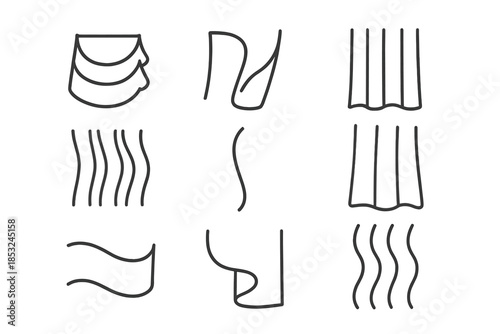 Pleat Guide Icons. Line style icons of gentle pleat guides: soft layered contour, curved pleat, fine fold mark, airy ripple,