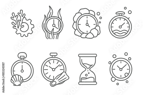 Underwater Timekeeping Icons. Line style icons of underwater time tracking: coral gear, kelp second hand, reef chronometer, sea