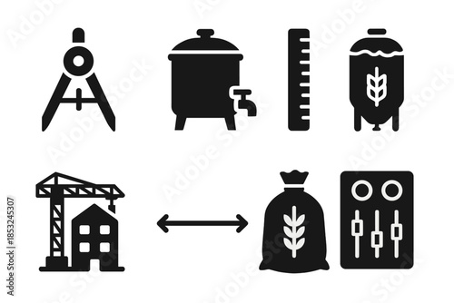 Brewing Tools Icons. Solid style icons of building design brewing tools: drafting compass, brewing kettle, ruler, fermentation vat