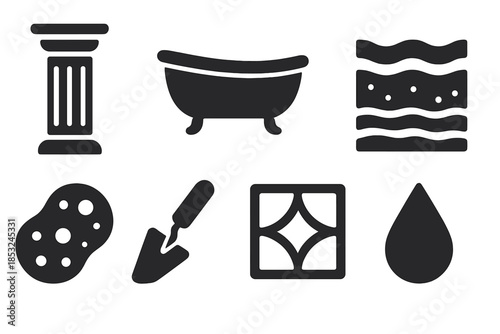 Classical Bath Icons. Solid style icons of classical bath layer analysis: marble column, bath bowl, sediment layer, stratigraphic