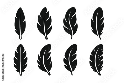 Folded Feather Icons. Solid style icons of folded feather patterns: feather silhouette, layered folds, curved lines, soft contour,