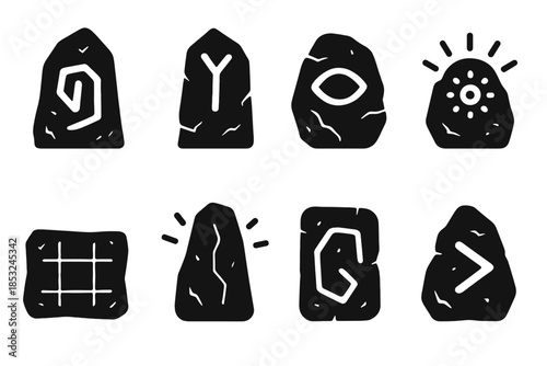 Ancient Prediction Icons. Solid style icons of ancient stone predictors: carved monolith, rune symbol, prediction stone, circular