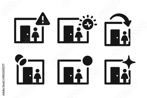 Intimate Area Alerts Icons. Solid style icons of intimate area alerts: small room outline, alert symbol, pulse ring, curved
