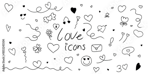 Hand Drawn Love Icons and Hearts Doodle Set for Wedding Romance and Valentine Design