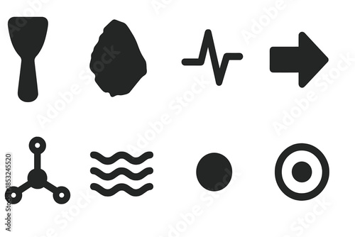 Antique Geology Icons. Solid style icons of antique scraper geology: metal scraper, rock fragment, pulse line, directional arrow,