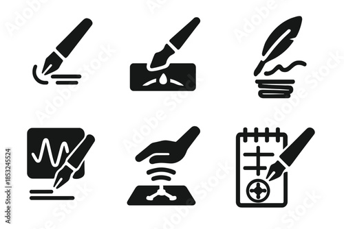 Calligraphic Sensor Icons. Solid style icons of calligraphic motion sensors: stylus vibration bar, pressure ink sensor, quill