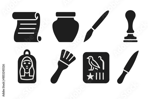 Mummy Scribe Tools. Solid style icons of mummy scribe equipment: linen scroll, embalming ink jar, ritual pen, sealing wax stamp,