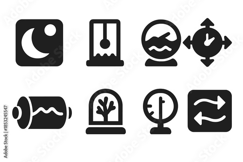 Tidal Rhythm Devices. Solid style icons of tidal rhythm devices: moon phase dial, wave pendulum, sea-level timer, current