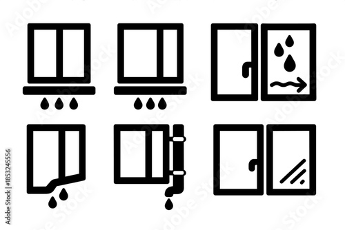 Window Drainage Icons. Solid style icons of window flow systems: frame drainage slit, sill channel groove, condensation collector,