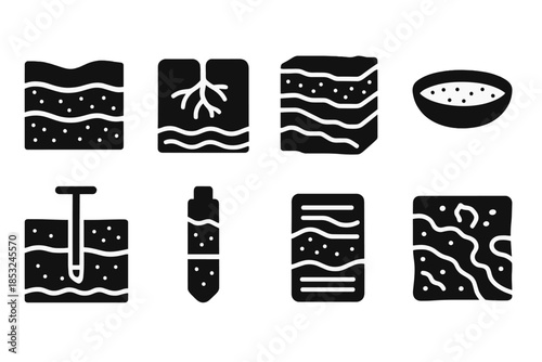 Ancient Earth Layers. Solid style icons of ancient layer study: stratigraphic cross-section, fossilized root line, buried rock