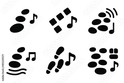 Rhythmic Stepping Stones. Solid style icons of a rhythmic stepping stone: sequential rock pads, musical path blocks, echo pulse