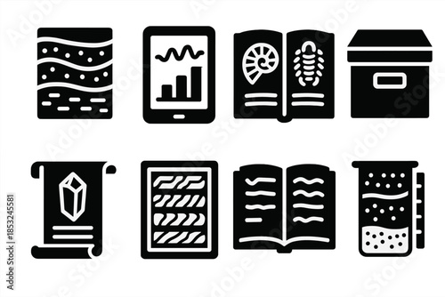 Stratigraphic Research Icons. Solid style icons of stratigraphic research archives: labeled rock layers, sediment data tablet,