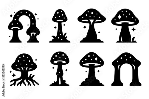 Luminescent Spore Architecture. Solid style icons of luminescent spore architecture: glowing fungal arch, biolight tower stem,